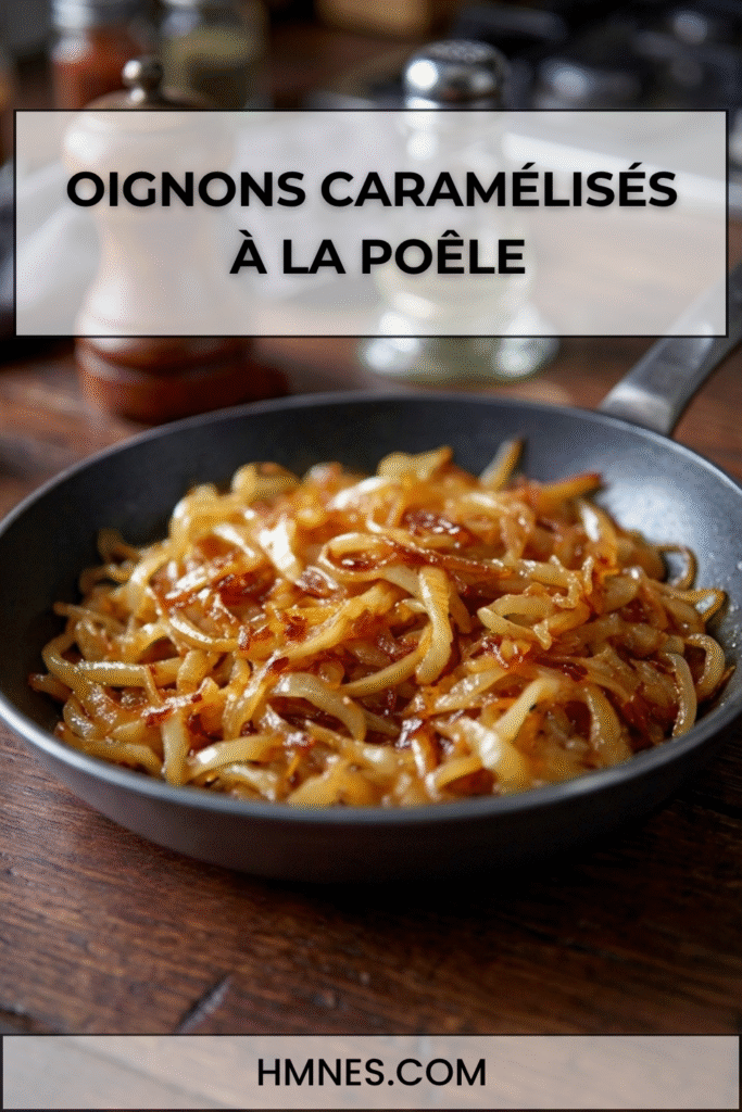 Oignons caramélisés à la poêle fondants et dorés servis en accompagnement maison