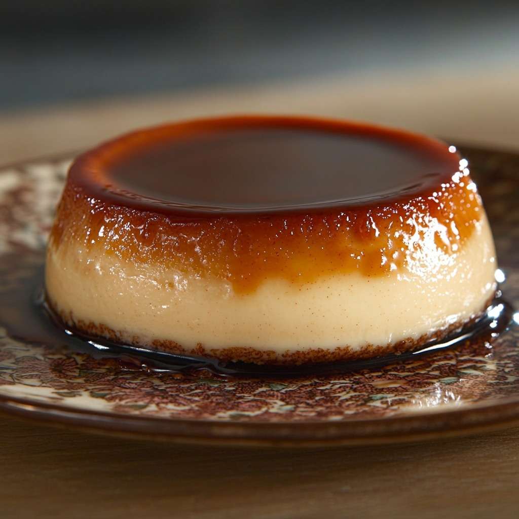 Flan caramel maison ultra fondant nappé de caramel ambré dans une assiette