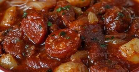 Ragoût chorizo pommes de terre tomate mijoté en cocotte avec sauce épaisse et persil frais