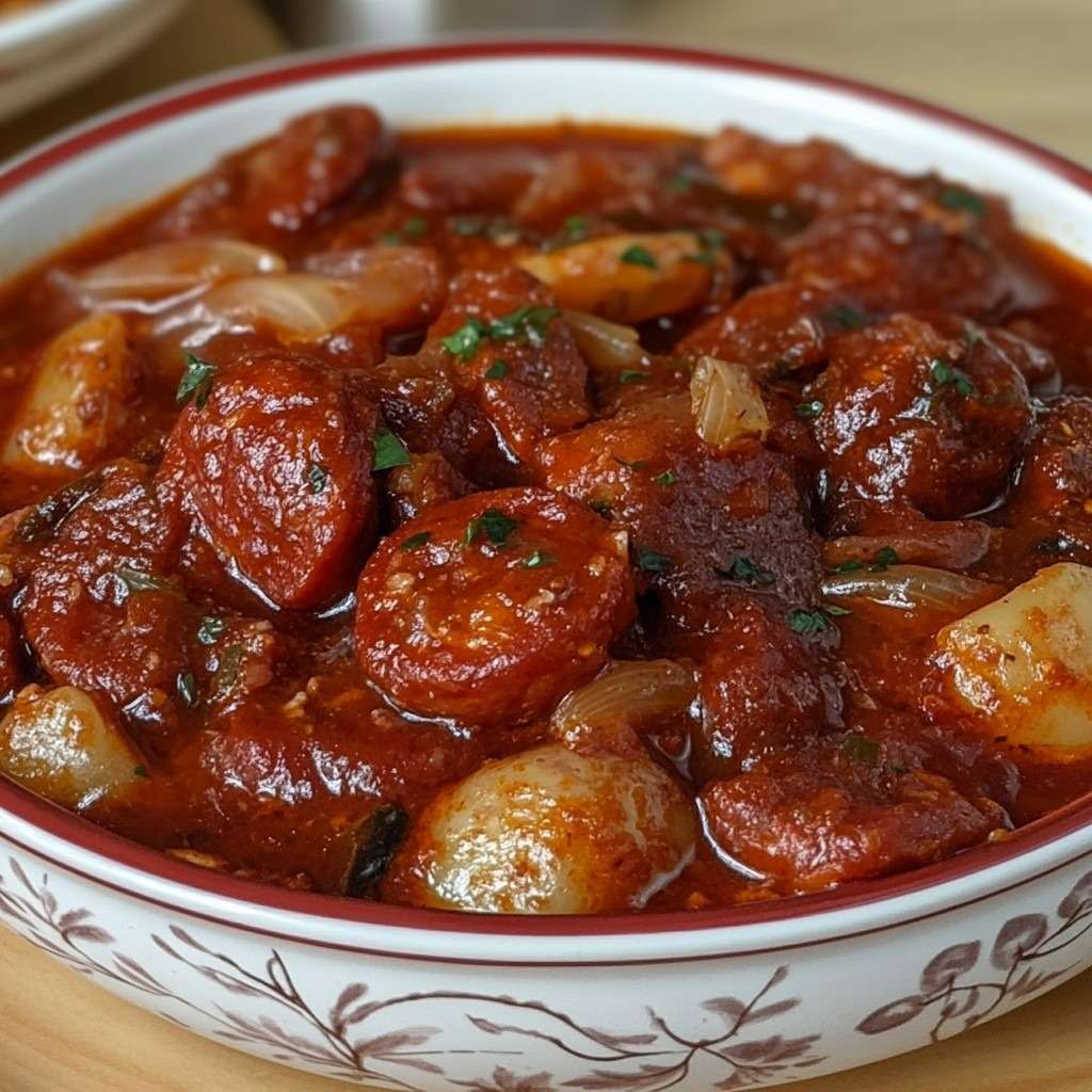 Ragoût chorizo pommes de terre tomate mijoté en cocotte avec sauce épaisse et persil frais