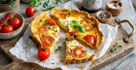 Quiche tomate moutarde dorée au four avec tomates fondantes, pâte brisée et fromage râpé