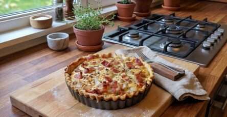 Quiche oignons lardons économique dorée au four avec pâte brisée, appareil fondant au lait et fromage râpé
