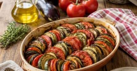 Tian provençal avec courgettes, tomates, aubergines, huile d’olive et herbes de Provence dans un plat rustique