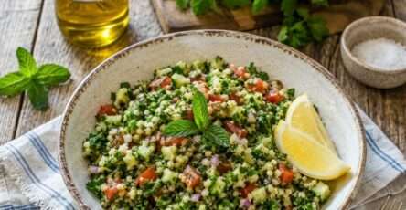 Taboulé maison avec semoule, tomates, concombre, menthe fraîche, persil, citron et huile d’olive