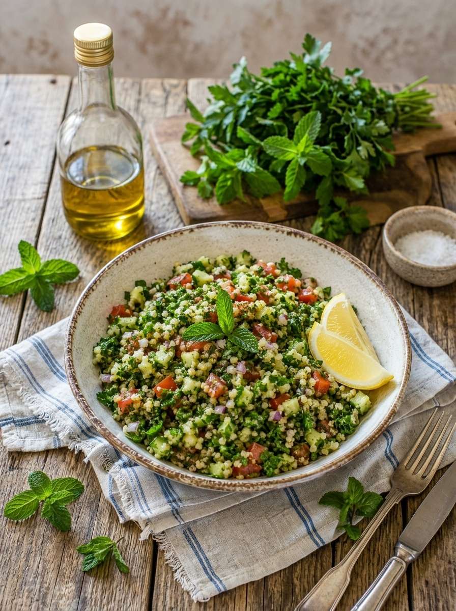 Taboulé maison avec semoule, tomates, concombre, menthe fraîche, persil, citron et huile d’olive