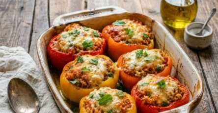 Poivrons farcis au riz tomate et fromage gratiné dans un plat rustique avec herbes fraîches