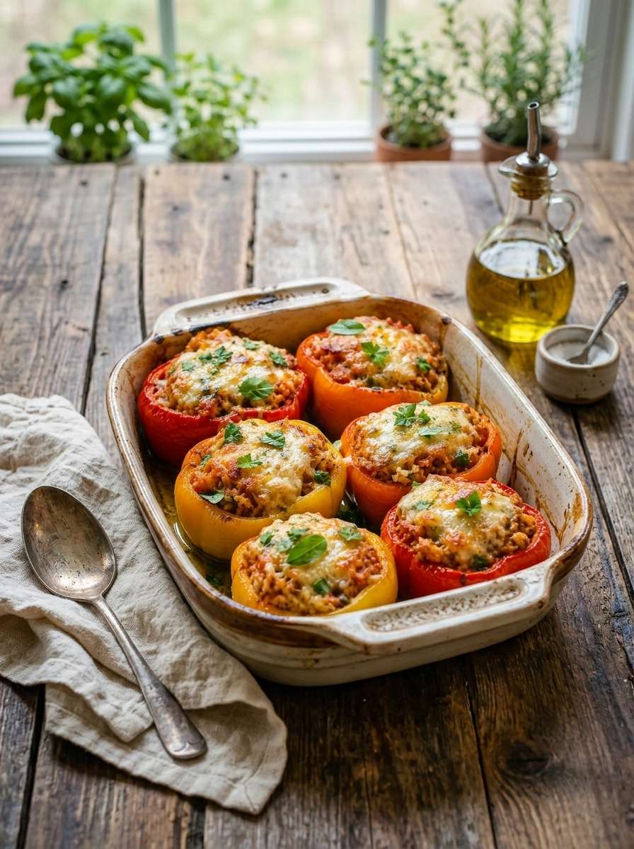 Poivrons farcis au riz tomate et fromage gratiné dans un plat rustique avec herbes fraîches
