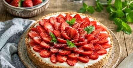 Tarte fraises mascarpone sans cuisson avec crème onctueuse, fraises fraîches et base biscuitée dorée
