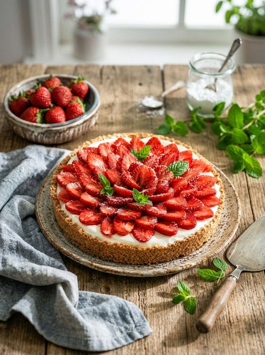 Tarte fraises mascarpone sans cuisson avec crème onctueuse, fraises fraîches et base biscuitée dorée