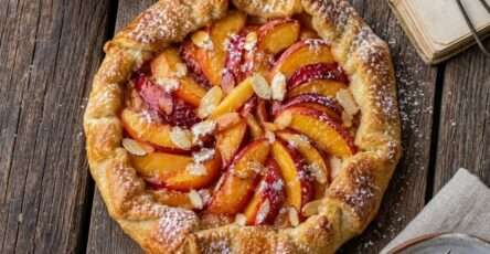 Galette rustique aux nectarines avec pâte dorée, fruits fondants, amandes effilées et sucre glace