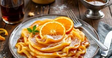 Crêpes Suzette flambées à l’orange nappées de sauce au beurre et Grand Marnier maison