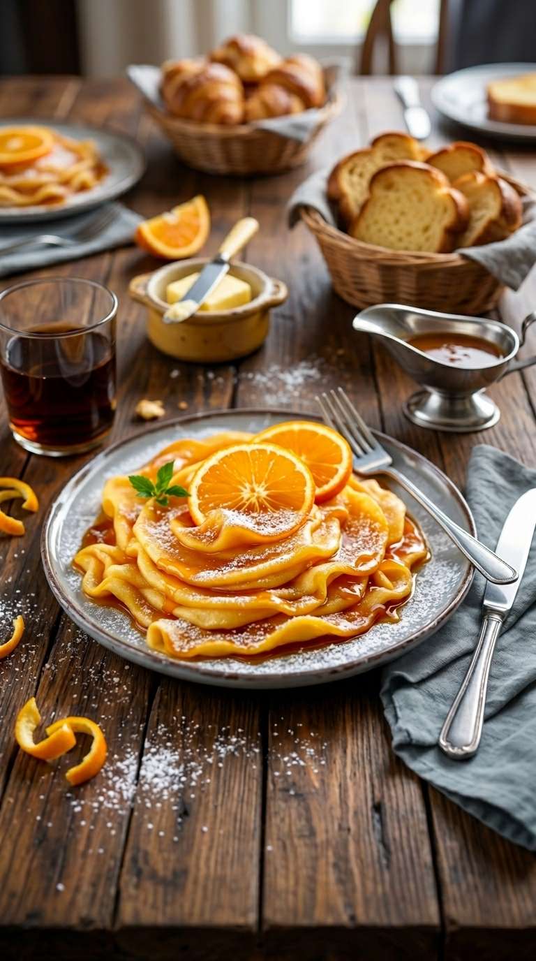 Crêpes Suzette flambées à l’orange nappées de sauce au beurre et Grand Marnier maison
