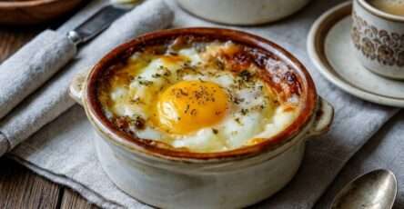 Œufs cocotte à la crème avec fromage râpé fondant et jaune coulant servis dans des ramequins