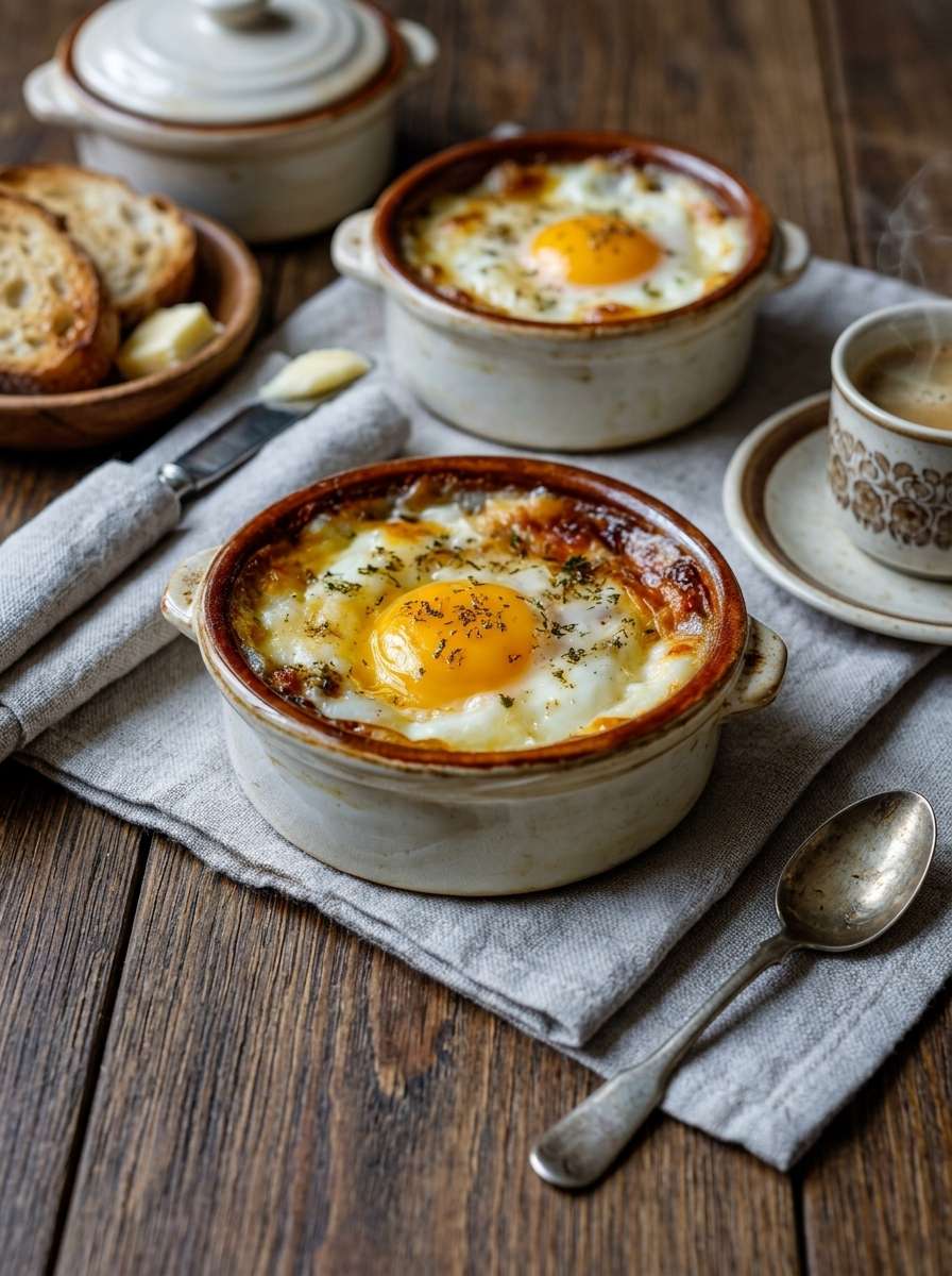 Œufs cocotte à la crème avec fromage râpé fondant et jaune coulant servis dans des ramequins