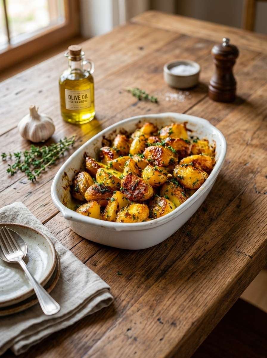 Pommes de terre rôties à l’ail croustillantes avec huile d’olive, herbes et persil frais
