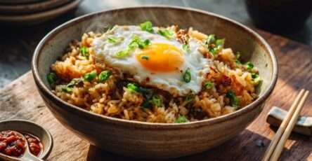 Riz sauté à l’œuf maison avec sauce soja, œufs brouillés et ciboulette fraîche
