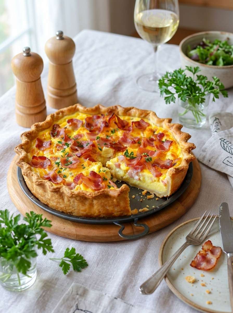 Quiche économique façon lardons dorée au four avec pâte brisée et appareil léger au lait