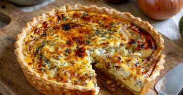 Quiche à l’oignon économique dorée au four avec pâte brisée, oignons fondants, œufs, lait et herbes