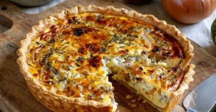 Quiche à l’oignon économique dorée au four avec pâte brisée, oignons fondants, œufs, lait et herbes