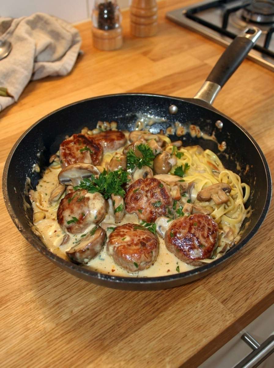 Andouillette aux champignons crémeuse avec sauce à la crème, persil frais et champignons de Paris