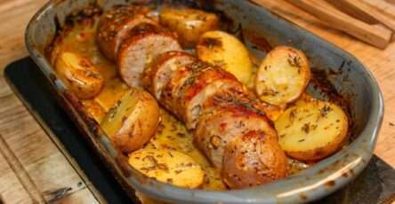 Andouillette au four avec pommes de terre dorées, ail, huile d’olive et herbes de Provence