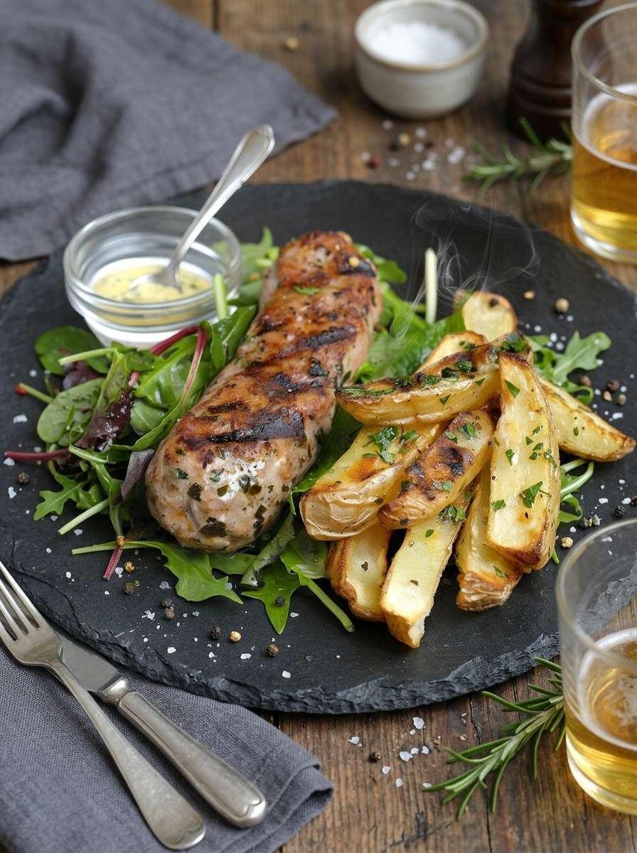 Andouillette au vin blanc crémeuse aux échalotes servie avec sauce à la crème et pain frais