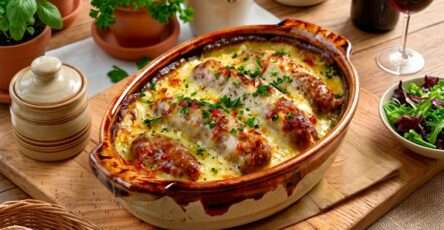 Andouillette gratinée au four avec crème fraîche, moutarde, fromage râpé doré et persil frais