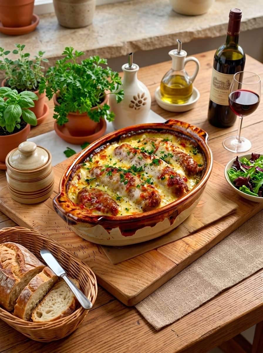 Andouillette gratinée au four avec crème fraîche, moutarde, fromage râpé doré et persil frais