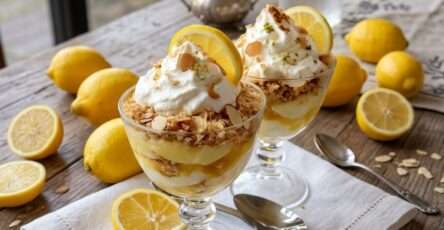Verrine citron meringue crumble avec lemon curd, chantilly maison, biscuits sablés émiettés et meringue croquante