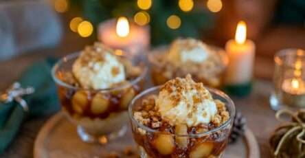 Verrine pomme caramel avec pommes caramélisées, crème onctueuse, biscuits sablés émiettés et filet de caramel
