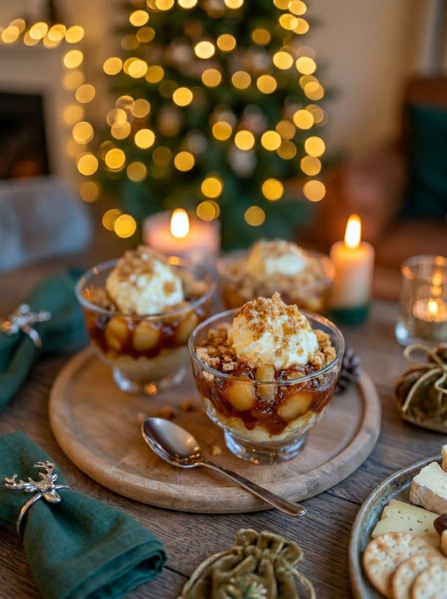 Verrine pomme caramel avec pommes caramélisées, crème onctueuse, biscuits sablés émiettés et filet de caramel