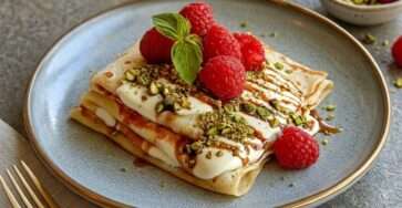 Crêpes pistache framboise garnies de crème blanche, caramel au beurre salé, framboises fraîches et pistaches concassées