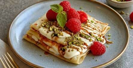 Crêpes pistache framboise garnies de crème blanche, caramel au beurre salé, framboises fraîches et pistaches concassées