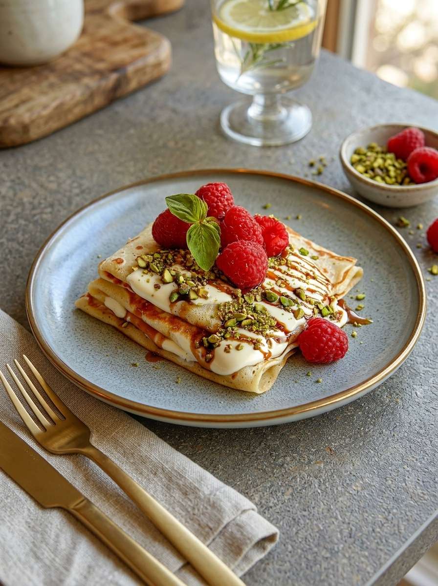 Crêpes pistache framboise garnies de crème blanche, caramel au beurre salé, framboises fraîches et pistaches concassées