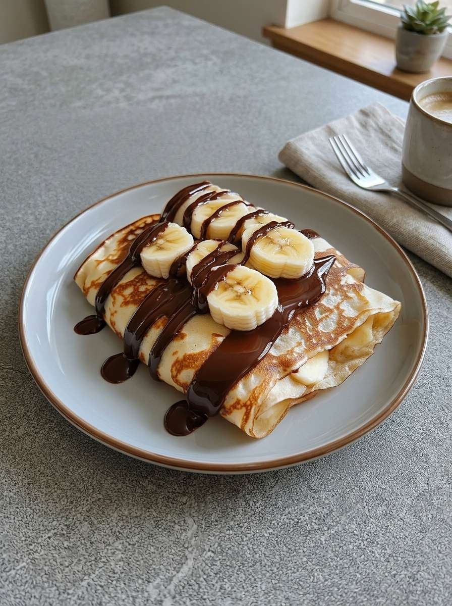 Crêpes banane chocolat pliées en triangle avec rondelles de banane, sauce chocolat fondante et sucre glace