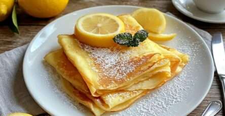 Crêpes citron pliées en triangle avec sucre glace, jus de citron frais, quartiers de citron et feuilles de menthe