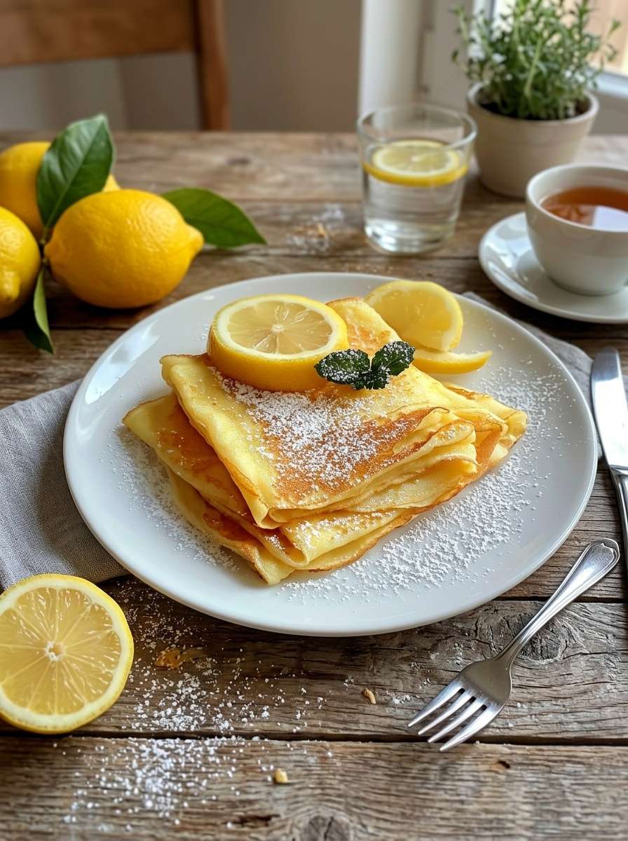 Crêpes citron pliées en triangle avec sucre glace, jus de citron frais, quartiers de citron et feuilles de menthe