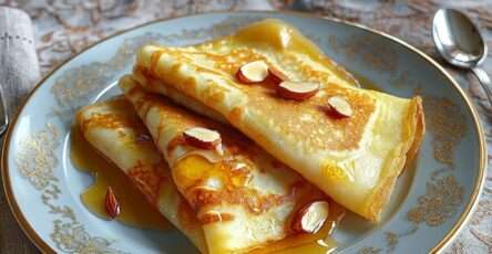 Crêpes miel amandes pliées en triangle avec miel liquide, amandes grillées et sucre glace