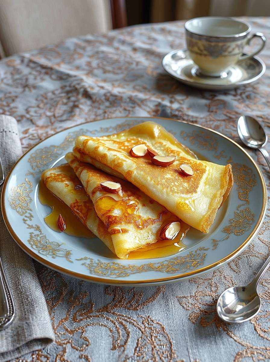Crêpes miel amandes pliées en triangle avec miel liquide, amandes grillées et sucre glace