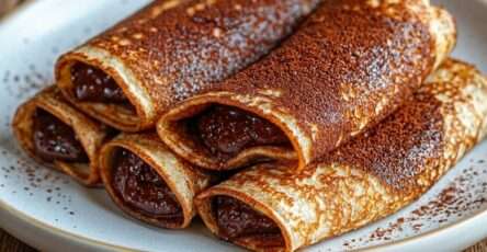 Crêpes au chocolat roulées avec pâte à tartiner chocolat-noisette, cacao dans la pâte et sucre glac