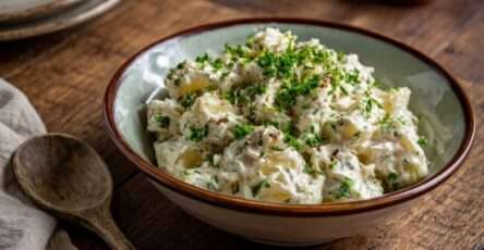 Salade de pommes de terre crémeuse aux herbes avec mayonnaise, crème fraîche, moutarde, persil et ciboulette