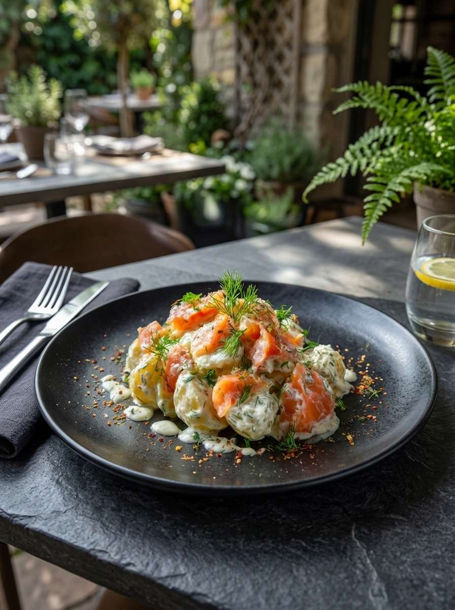 Salade pommes de terre saumon fumé avec crème fraîche, moutarde douce, citron, échalote et aneth frais