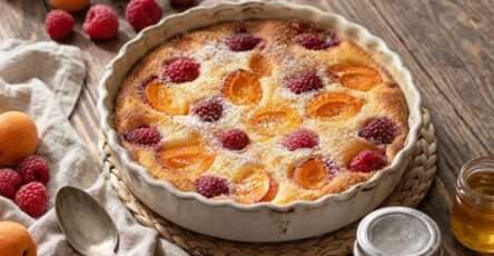 Clafoutis abricots framboises moelleux avec abricots dorés, framboises fraîches et sucre glace