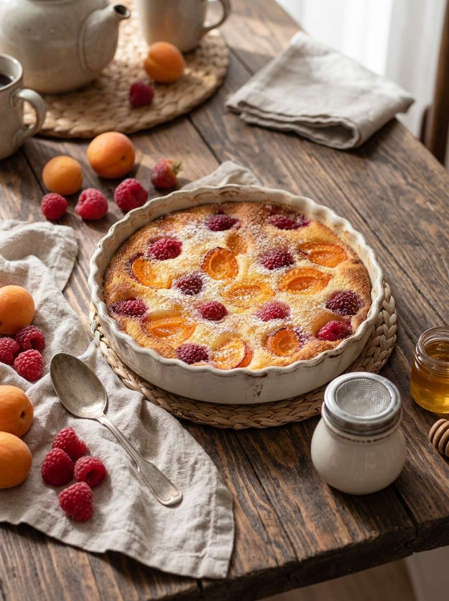 Clafoutis abricots framboises moelleux avec abricots dorés, framboises fraîches et sucre glace