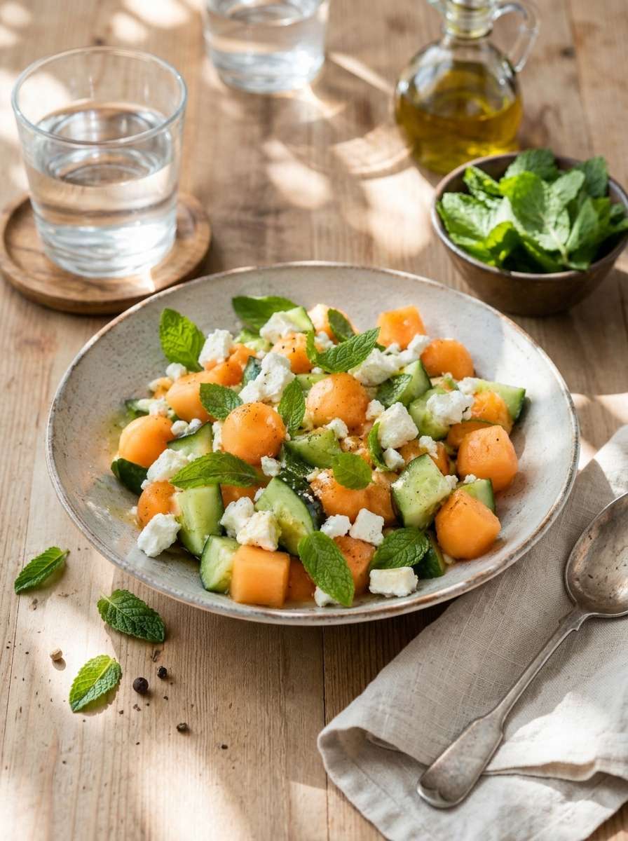 Salade melon concombre avec feta, menthe fraîche, citron, huile d’olive et morceaux de melon bien juteux