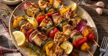 Brochettes poulet citron aux herbes avec courgettes, poivrons, oignons rouges et quartiers de citron