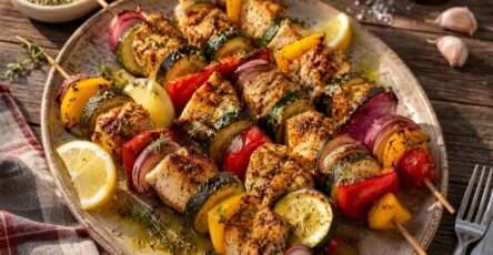 Brochettes poulet citron aux herbes avec courgettes, poivrons, oignons rouges et quartiers de citron