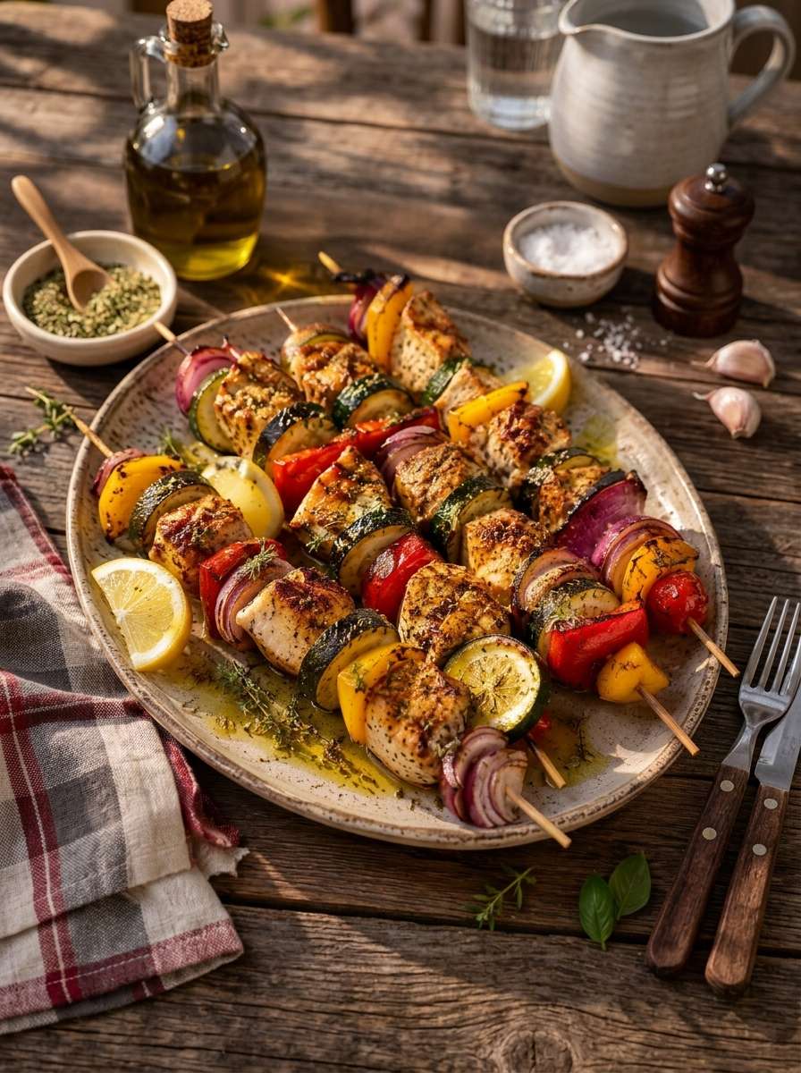 Brochettes poulet citron aux herbes avec courgettes, poivrons, oignons rouges et quartiers de citron