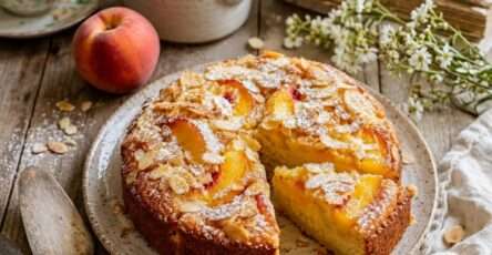 Gâteau pêches amandes moelleux avec tranches de pêches fraîches, amandes effilées dorées et sucre glace