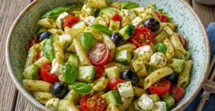 Salade de pâtes méditerranéenne avec tomates cerises, mozzarella, olives, concombre, basilic et pesto
